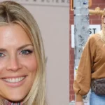 Blonde woman smiling in casual outfit with designer bag, representing Busy Philipps' fashion style that contributes to her multi-million dollar net worth