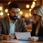 A financial advisor explains How to Calculate Net Worth to a young couple using charts and a laptop in a bright, modern office.