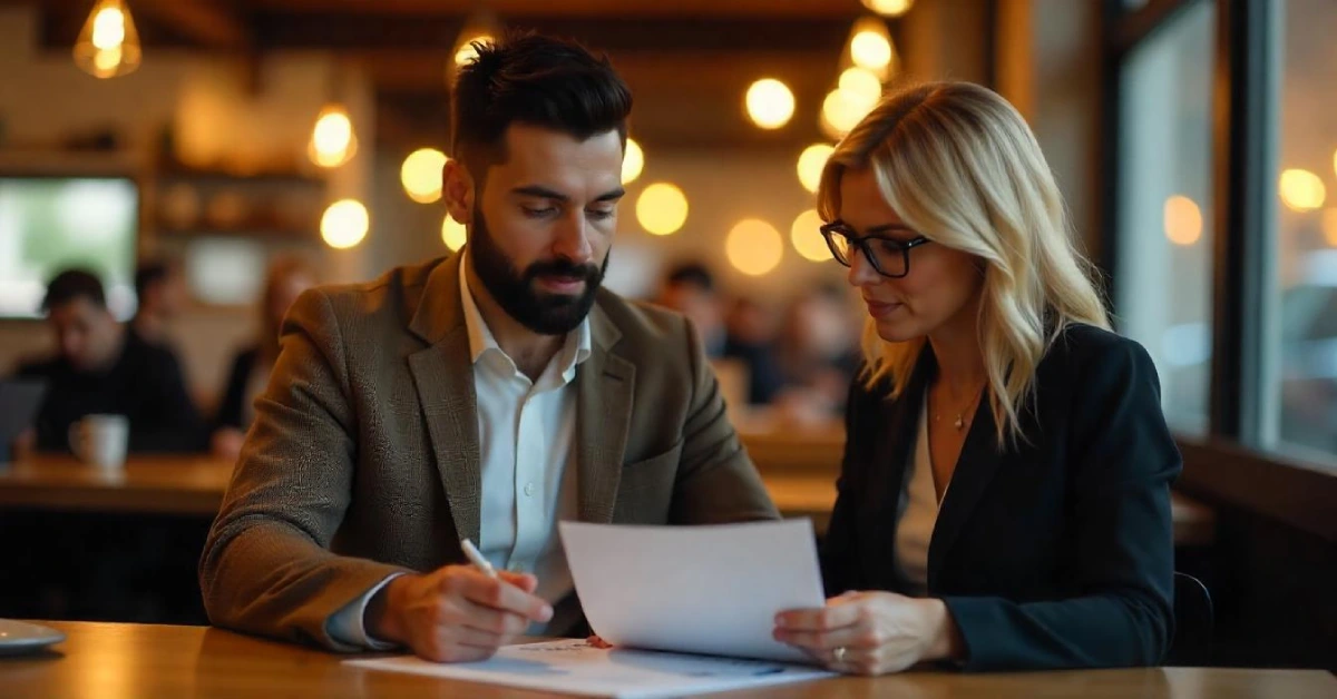 A financial advisor explains How to Calculate Net Worth to a young couple using charts and a laptop in a bright, modern office.
