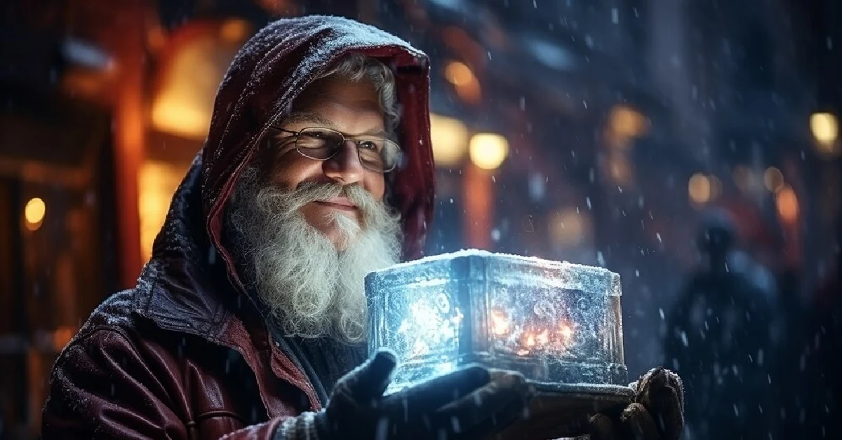 Greg 'Magic Steel' Alksnis holding a glowing steel cube in winter, portraying his $15-20 million net worth and steel industry success