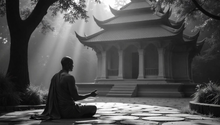 Ancient Antarvwsna meditation practitioner in peaceful meditation pose demonstrating traditional techniques for inner peace