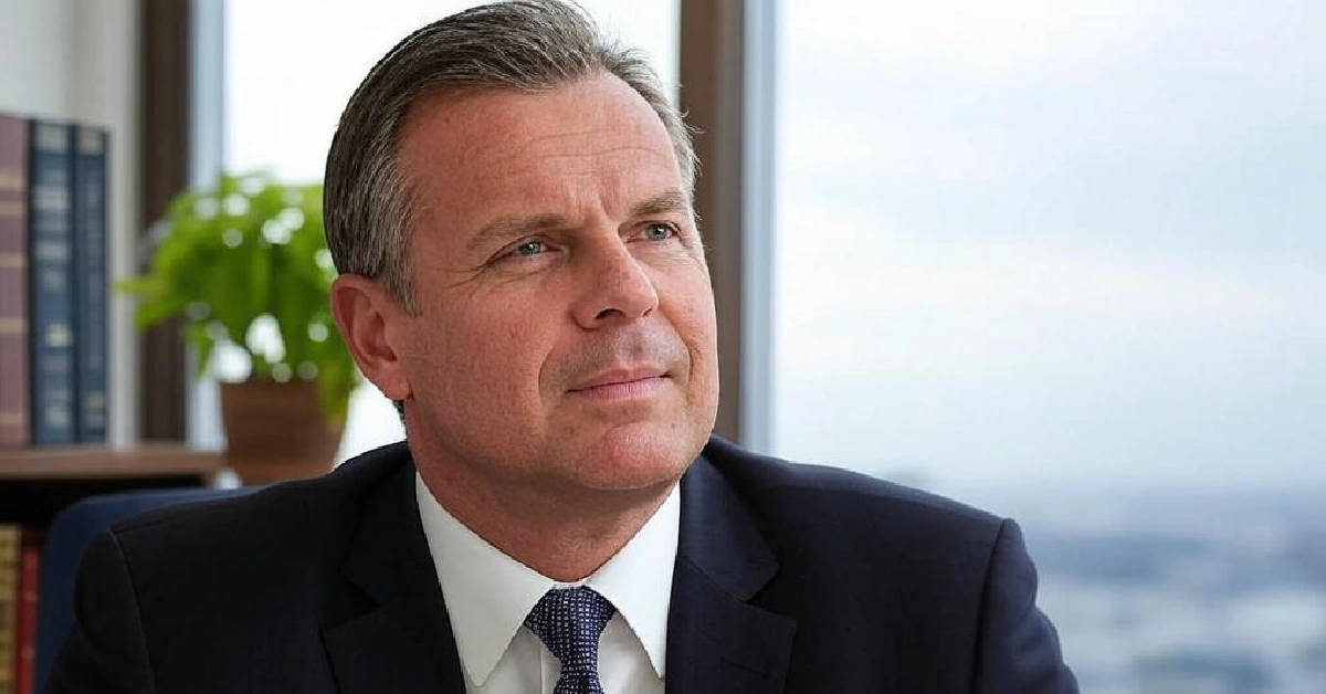 "Professional businessman in suit looking thoughtful in office setting, representing Door Loop's leadership and growing net worth"