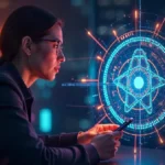 A tech professional analyzing RPDJAFUD interface with holographic display showing integrated AI, cybersecurity, and blockchain systems in a modern office environment