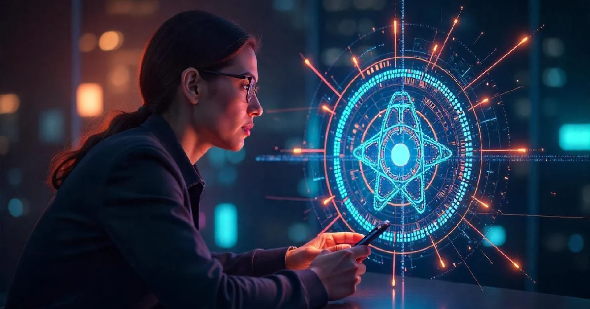 A tech professional analyzing RPDJAFUD interface with holographic display showing integrated AI, cybersecurity, and blockchain systems in a modern office environment